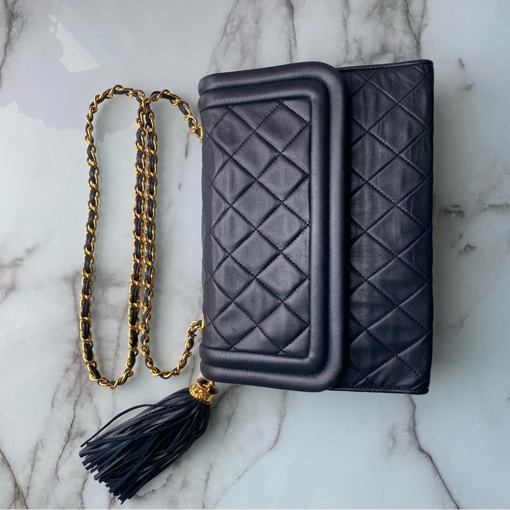 Authentic CHANEL Vintage Navy Lambskin Leather Matelassé Fringe Handbag - AS IS - Picture 8 of 11